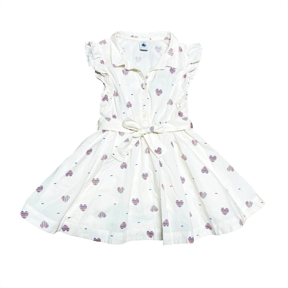 PETIT BATEAU Little Girl's Cotton Poplin Stripy Heart Print Ruffle Dress Size 4Y